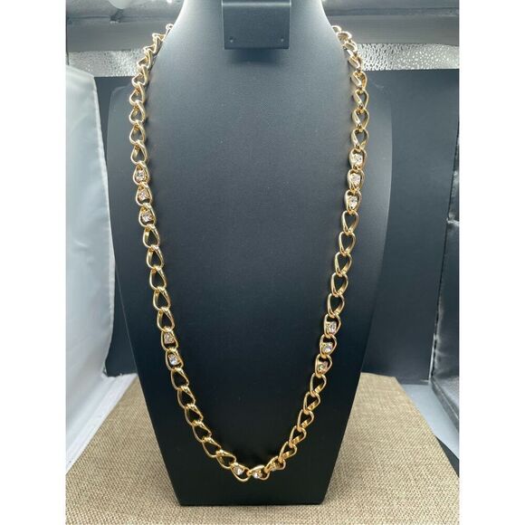 Rhinestone and Gold Tone Bold Chain Length Necklace Elegant - Picture 1 of 10